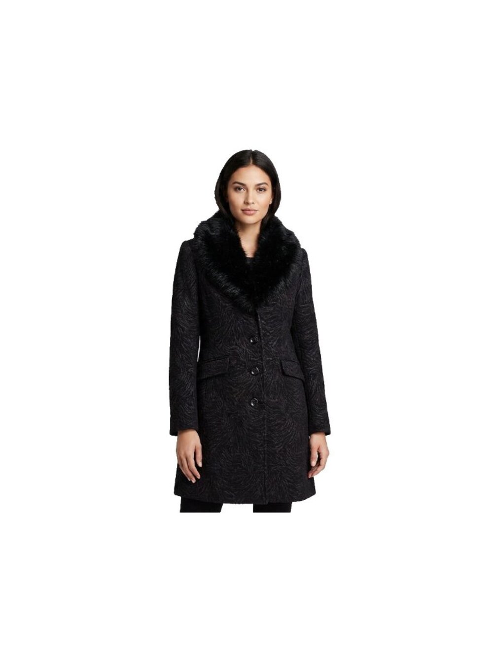 VTG Giacca Womens Black Textured Coat Sz M Winter Dress Faux Fur Collar Brocade